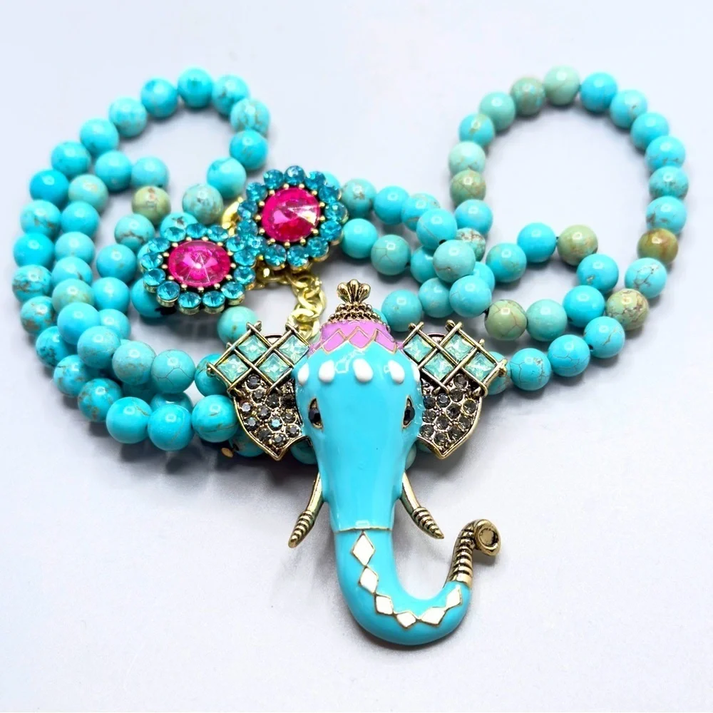 Elephant Teal Turquoise Stone and Jewel Statement Necklace 12”